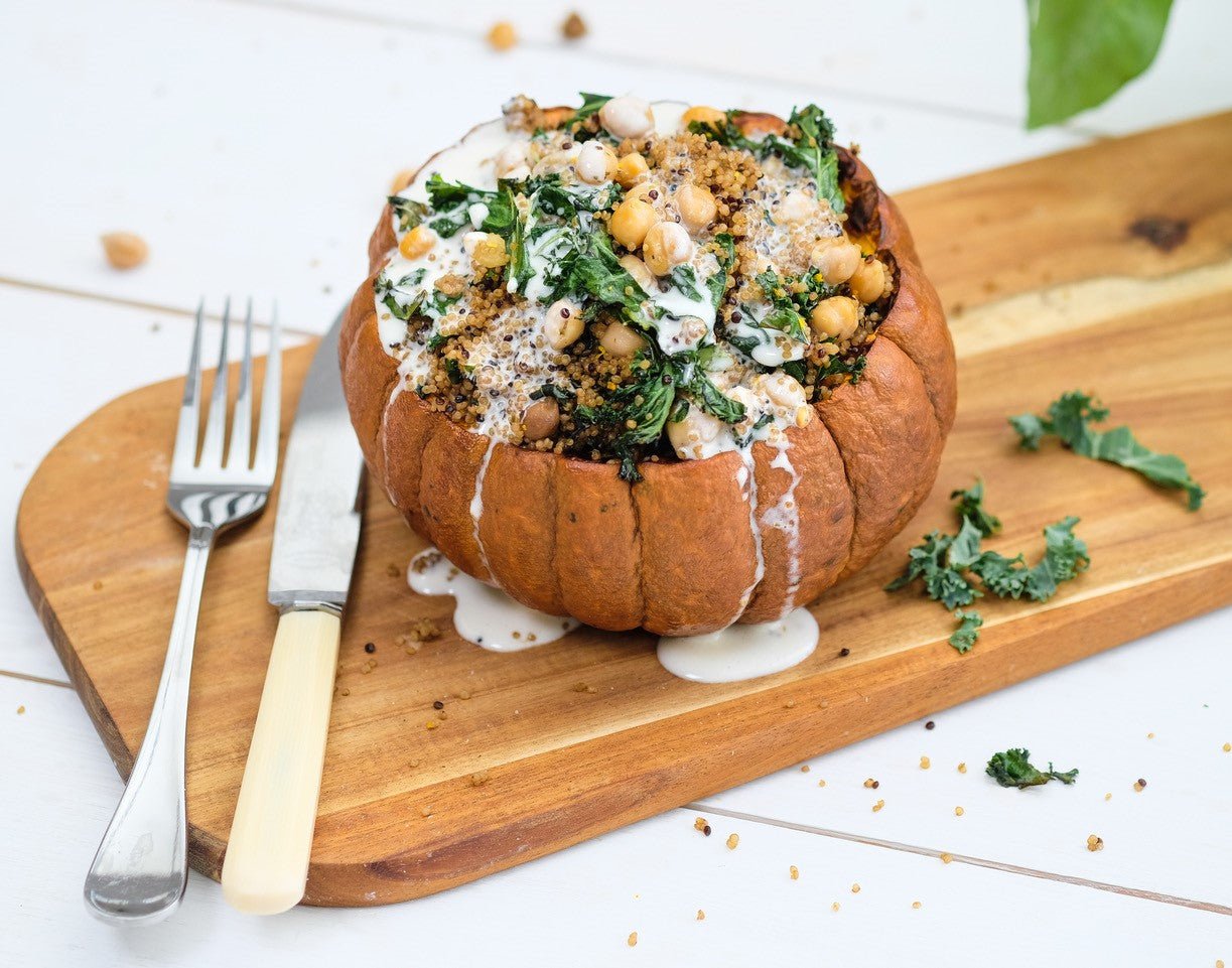 Quinoa Stuffed Pumpkin with Tahini dressing – Biona