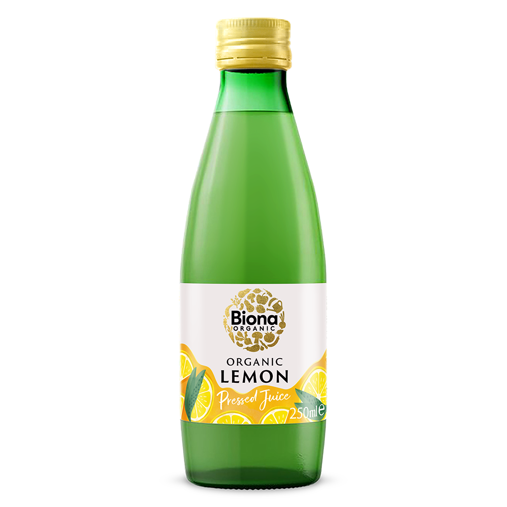 Green bottle of Biona Organic Lemon Pressed Juice 250ml with a gold cap on a white background