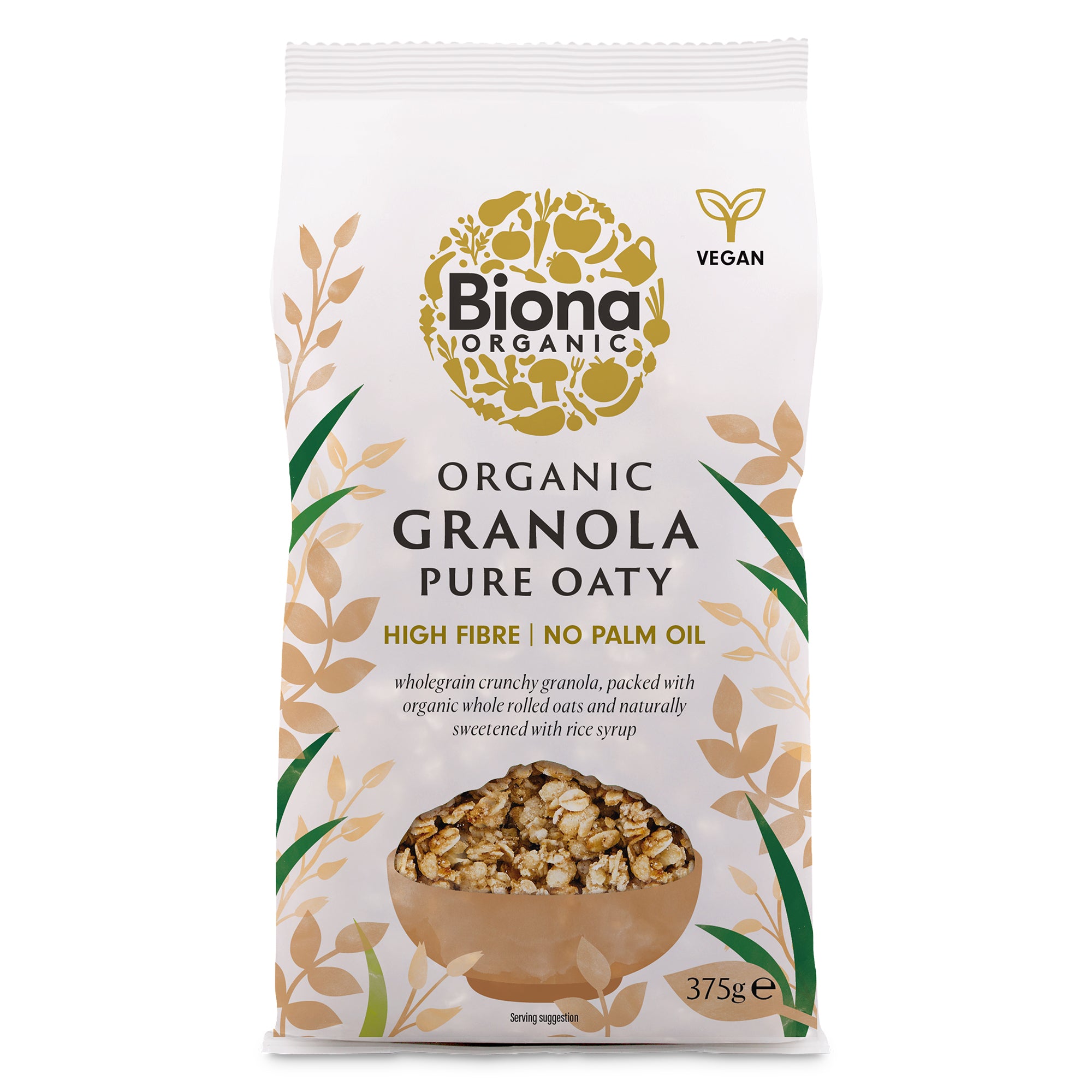 Package of Biona Organic Granola 375g with the label showing the words 'Organic Granola Pure Oaty', indicating it is high fibre and has no palm oil. The package is marked with the vegan symbol.