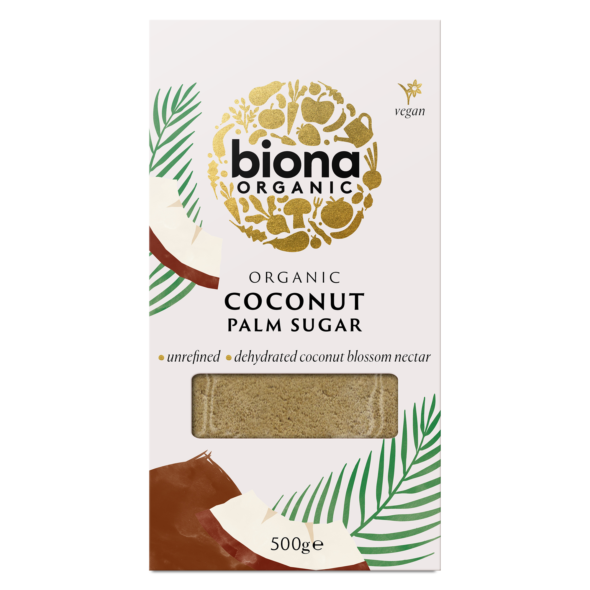 Package of Biona Organic Coconut Palm Sugar with a clear window showing the sugar inside. The packaging is white with brown and green accents and text stating 'organic', 'coconut palm sugar', 'unrefined & dehydrated coconut blossom nectar', and '500g'.