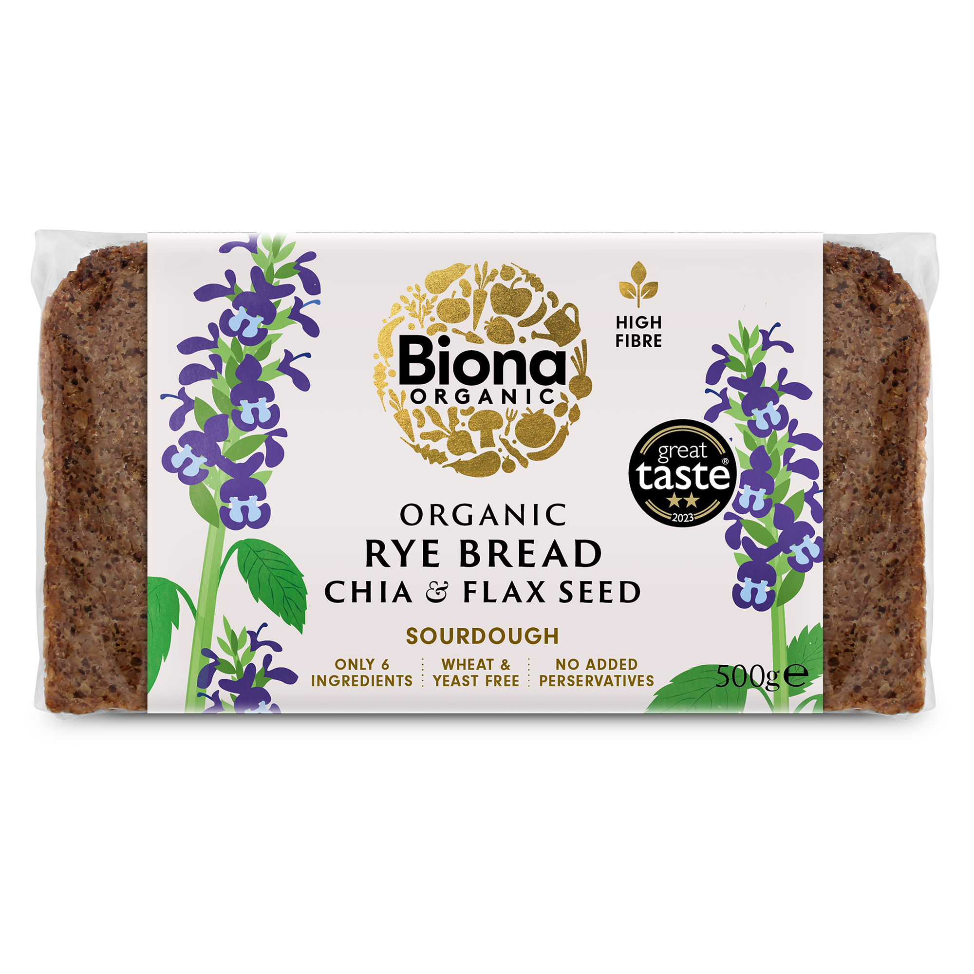 Biona Organic Sourdough Rye Bread with Chia and flax seeds 500g on a white background