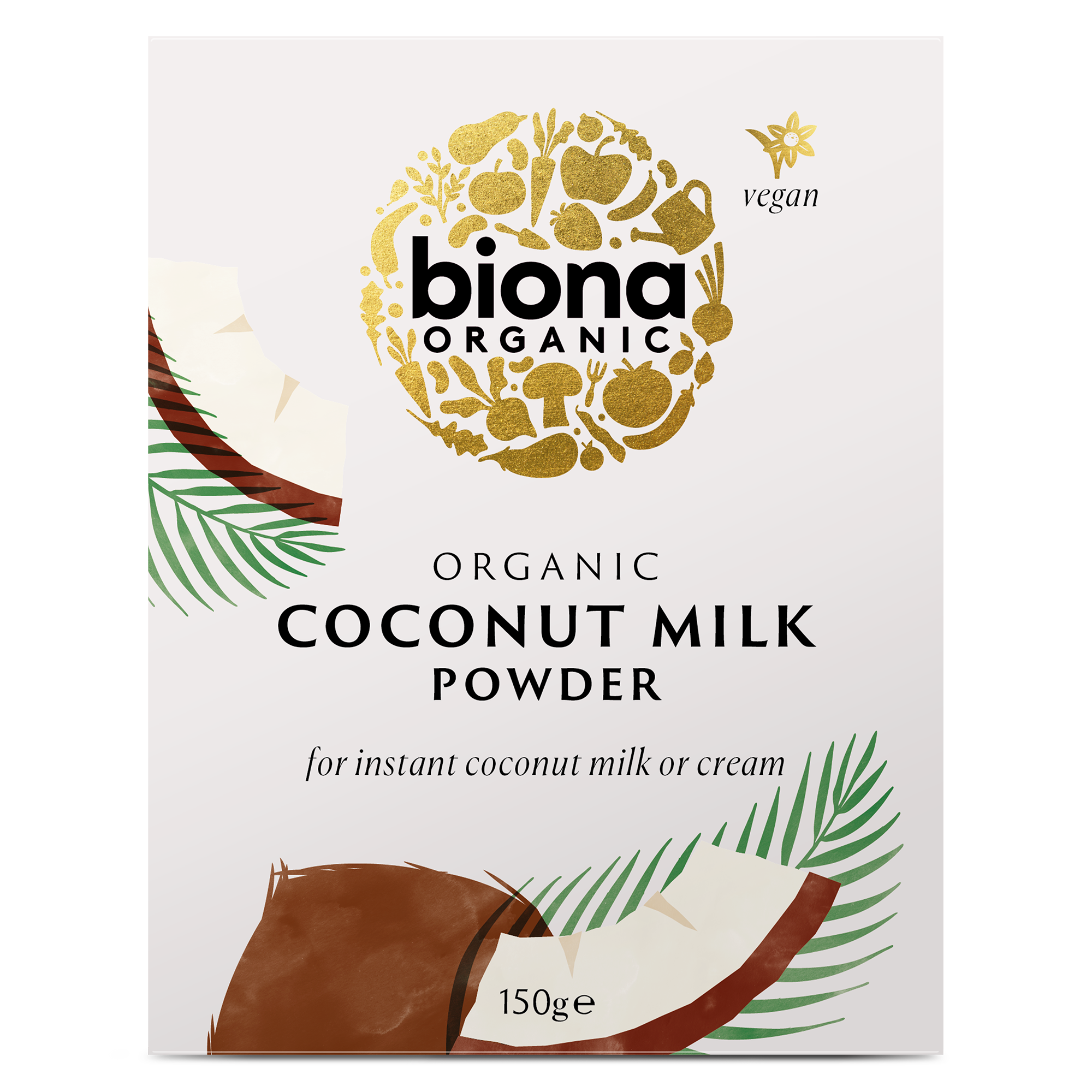 Packaging of Biona Organic Coconut Milk Powder, showing the product name, a vegan logo, and an image of a coconut. The package is labeled as 150g.