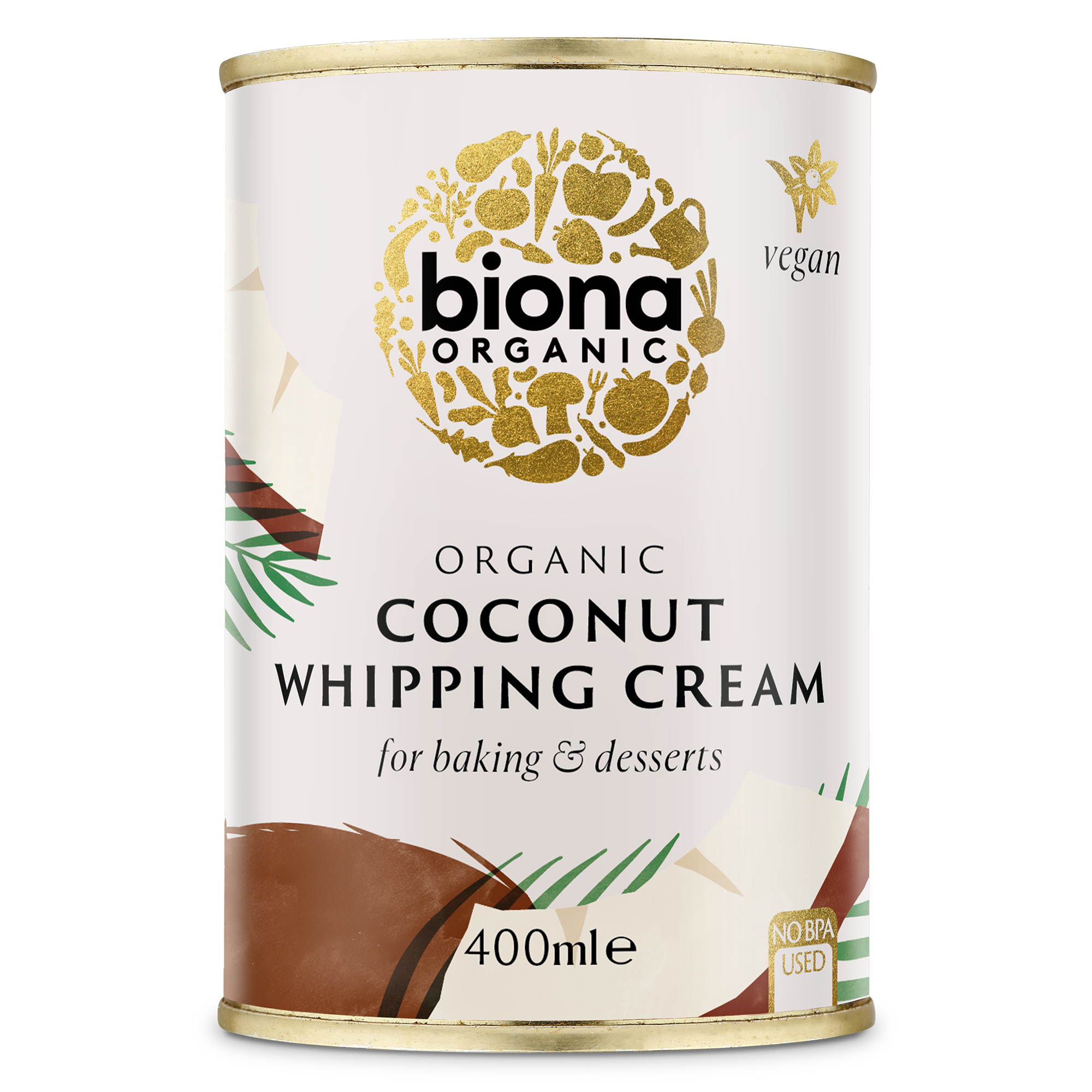 A can of Biona Organic Coconut Whipping Cream, 400ml, with vegan symbol, indicating it is a vegan-friendly product.