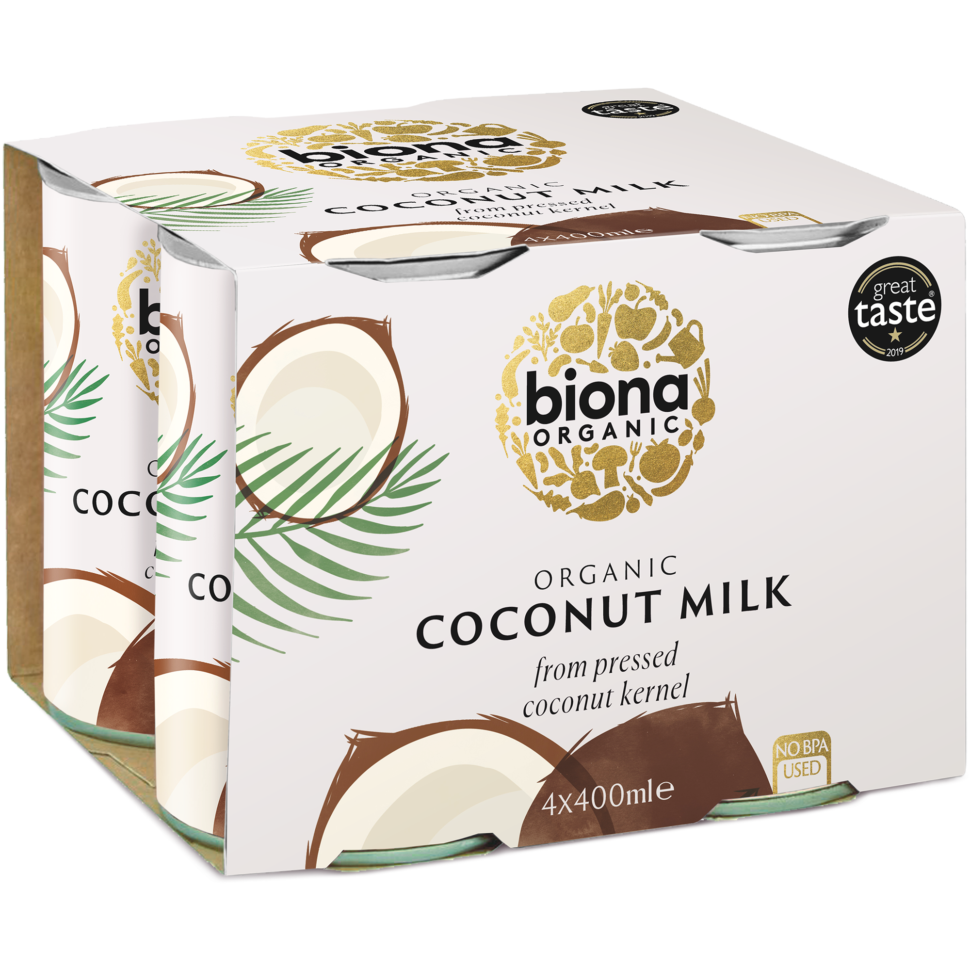 A 4 pack carton of Biona Organic Coconut Milk, indicating it is 400ml per carton.