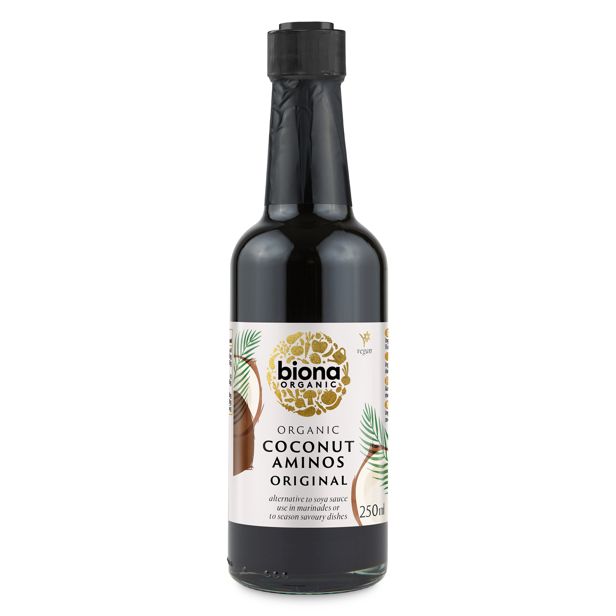 A bottle of Biona Organic Coconut Aminos Original, a soy sauce alternative.