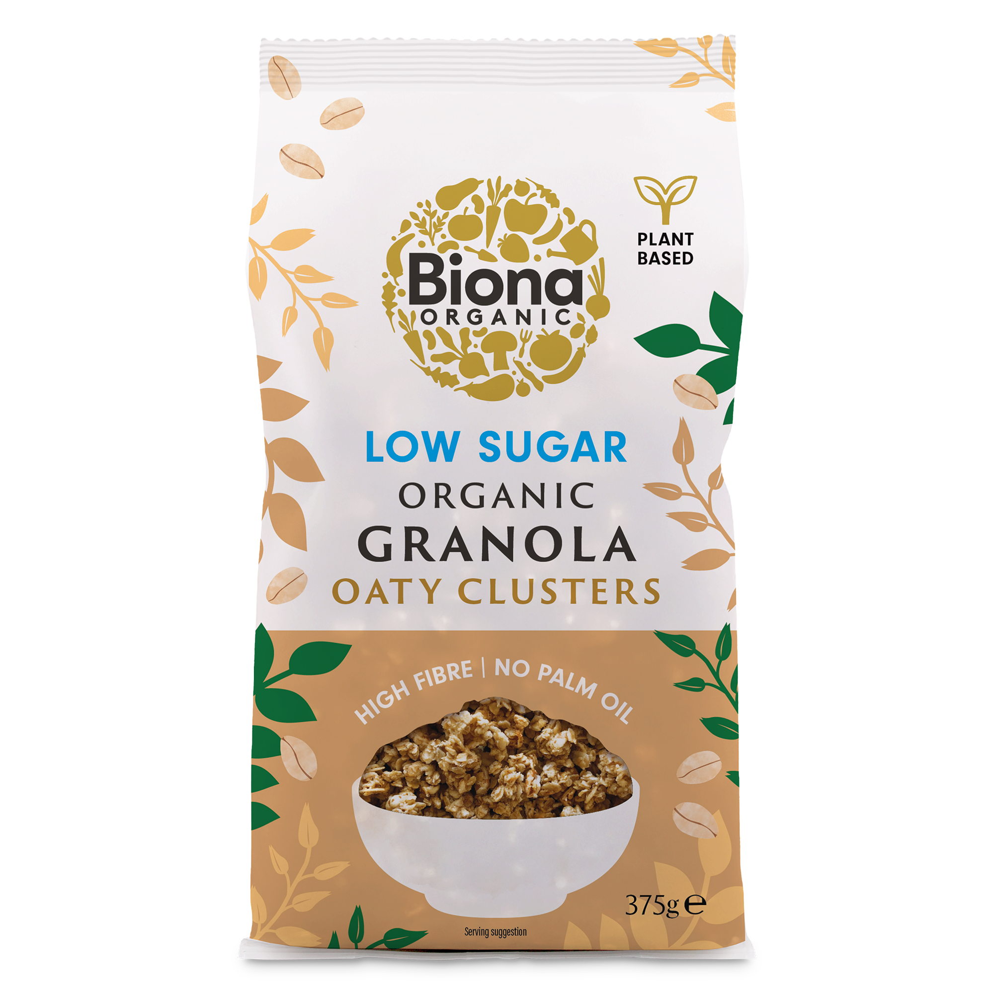 Biona Organic Low Sugar Organic Granola Oaty Clusters 375g packaging on a white background