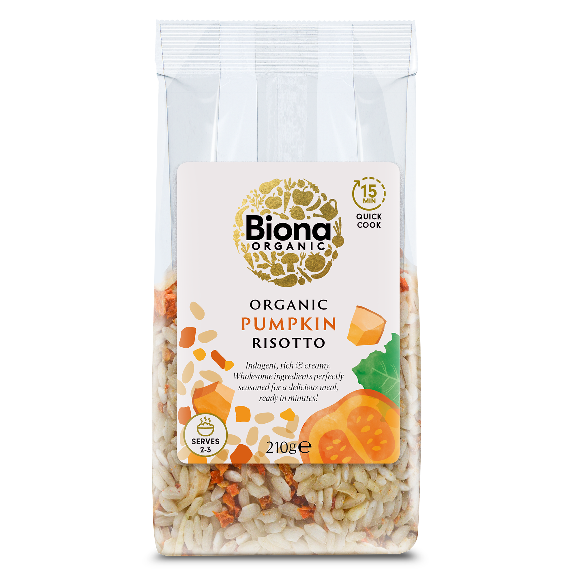 A packet of Biona Organic Pumpkin risoto 210g labelled as quick cook risotto serves 2-3