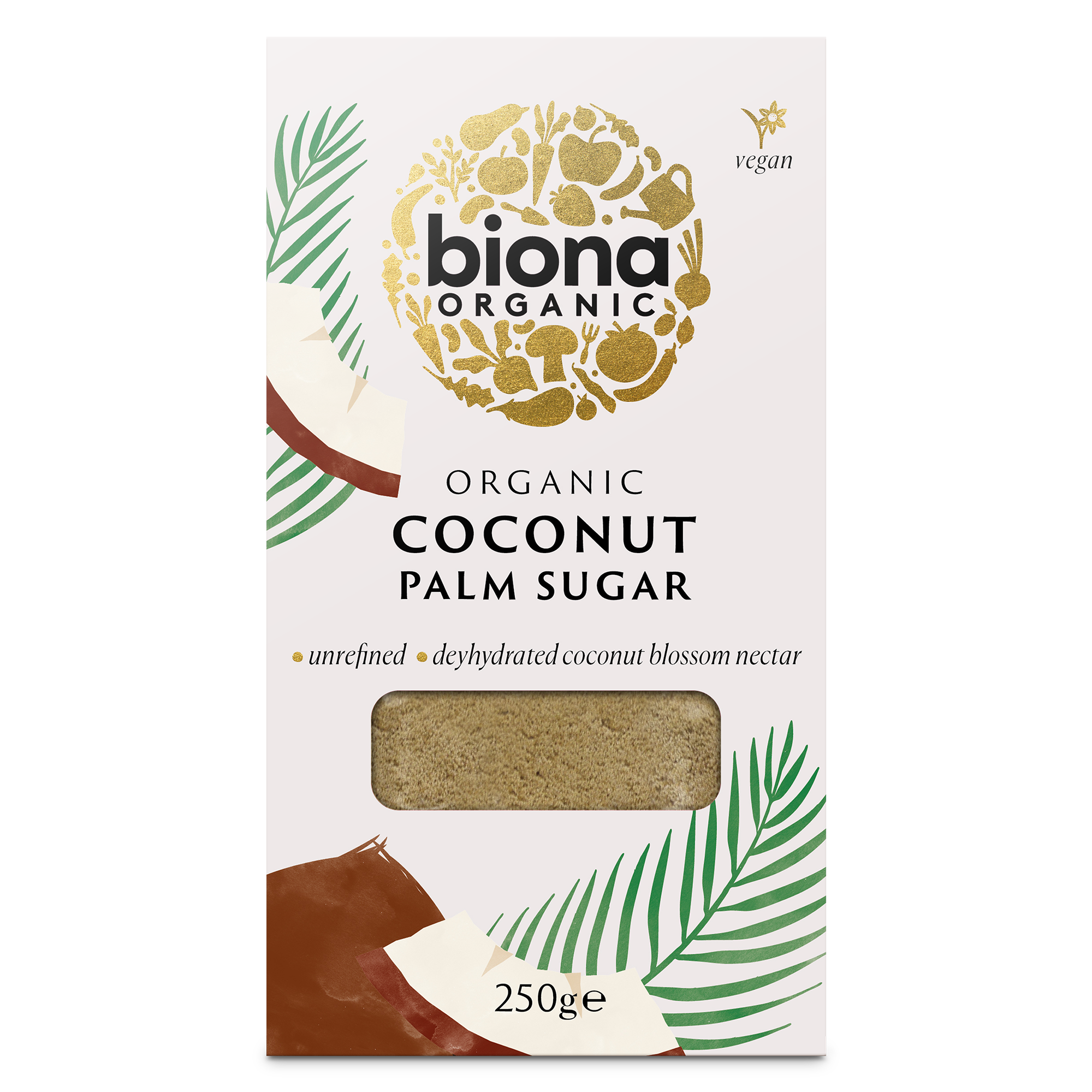 Packaging of Biona Organic Coconut Palm Sugar, showing the product name and an image of a palm leaf, indicating a natural and organic sweetener, 250g size.