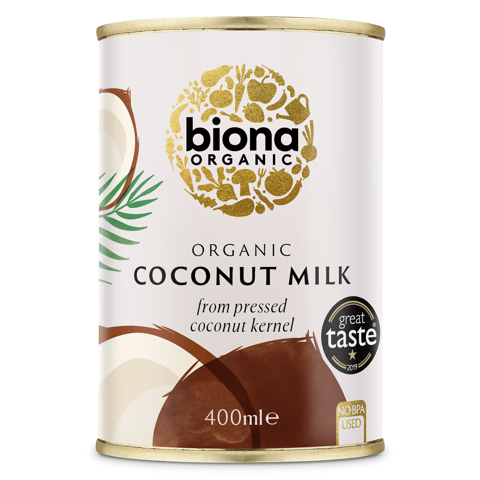 A can of Biona Organic Coconut Milk, 400ml, with the label showing the brand logo, the product name, and an illustration of a coconut.