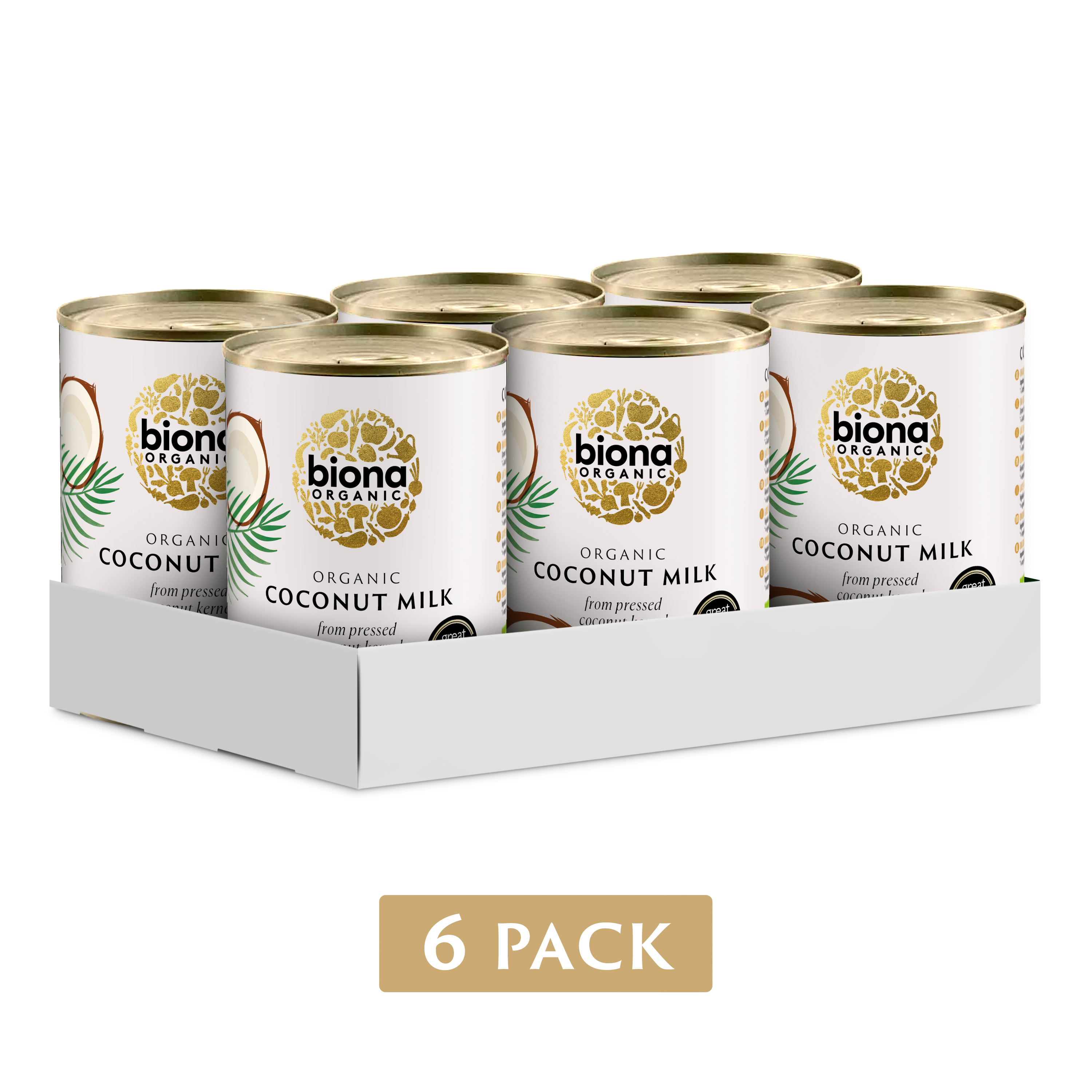 A six-pack of Biona Organic Coconut Milk cans arranged in a box.