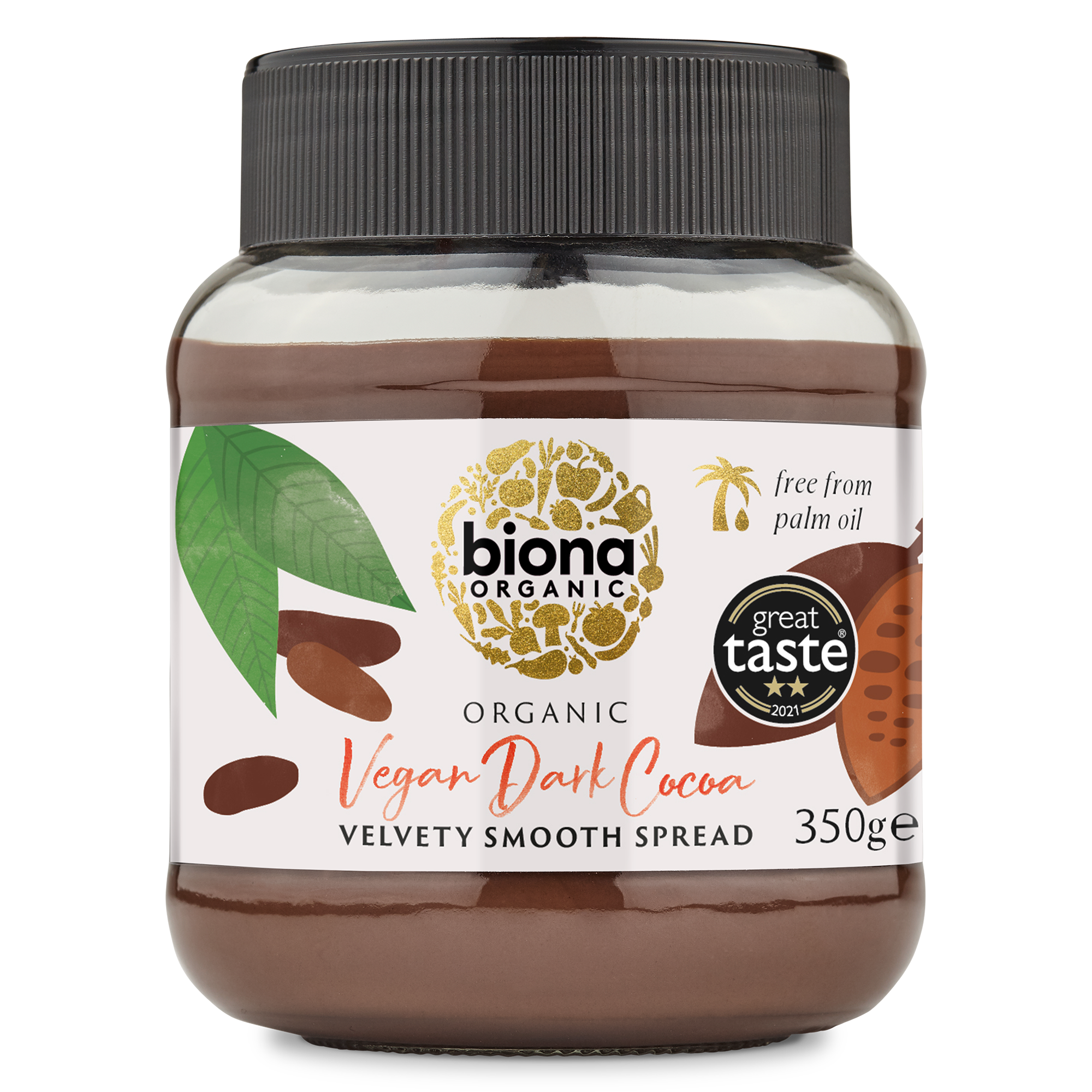 A jar of Biona Organic Vegan Dark Cocoa Spread, 350g size, with the label showing the brand logo, a cocoa pod, leaves, and the claim 'free from palm oil'.