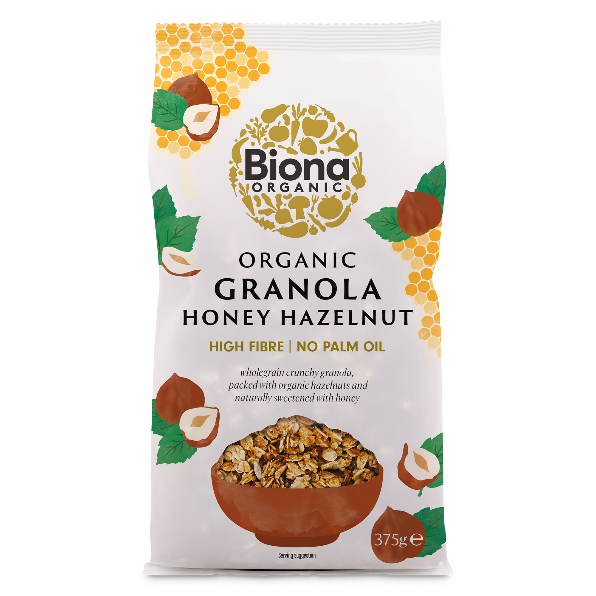 Biona Organic Granola Honey Hazelnut 375g packaging on a white background