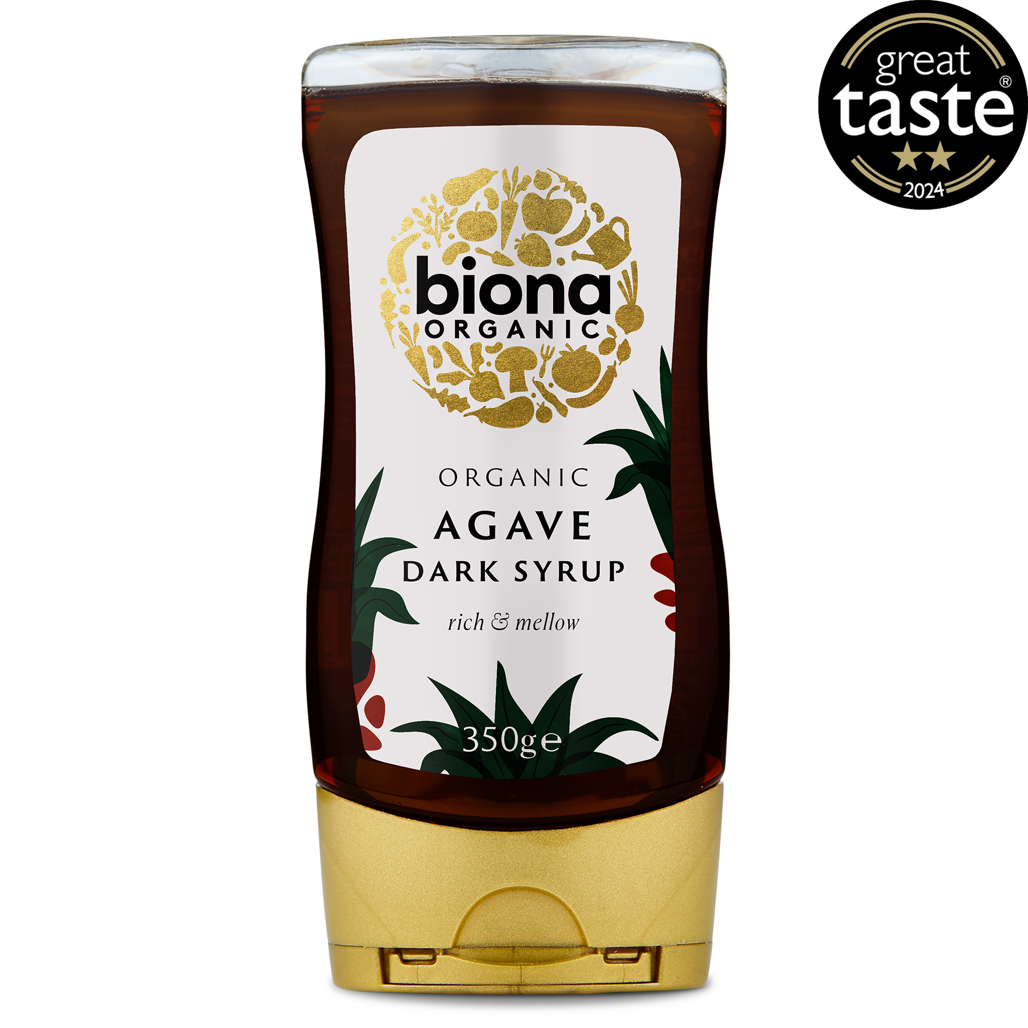 A bottle of Biona Organic Agave Dark Syrup with a label showing a plant and fruits, indicating it is a natural sweetener.