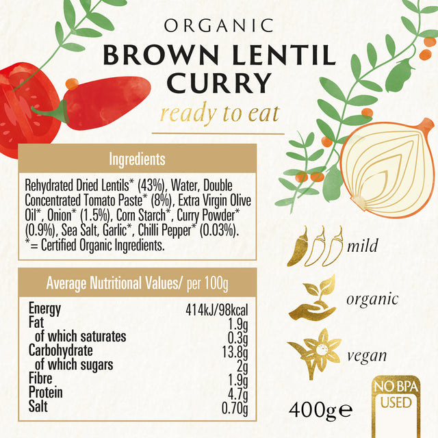 Biona Organic Brown Lentil Curry – 400g Ready Meal, Vegan, Source Of Protein & Fibre