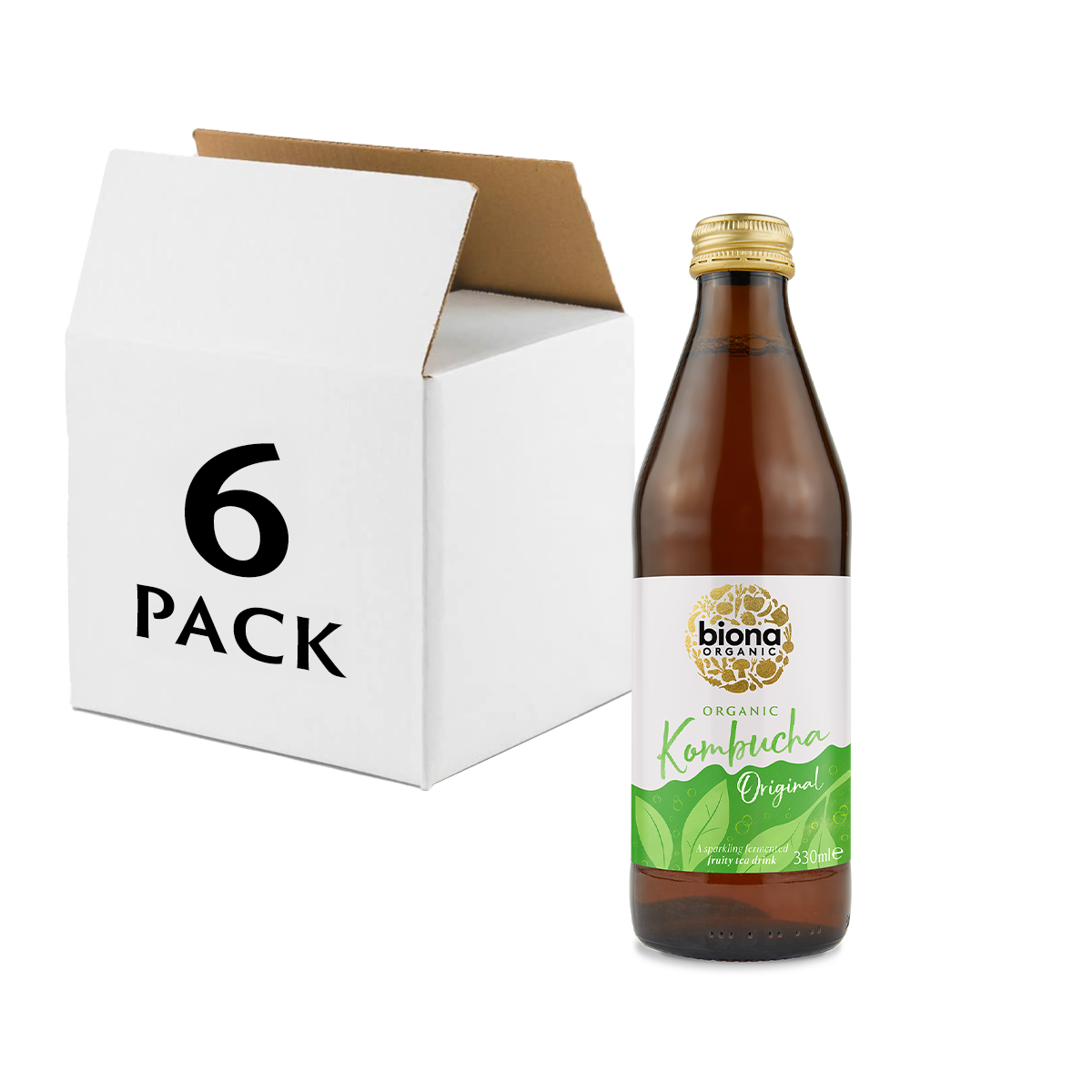 Biona Organic Kombucha 330ml bottle with a 6-pack box on a white background