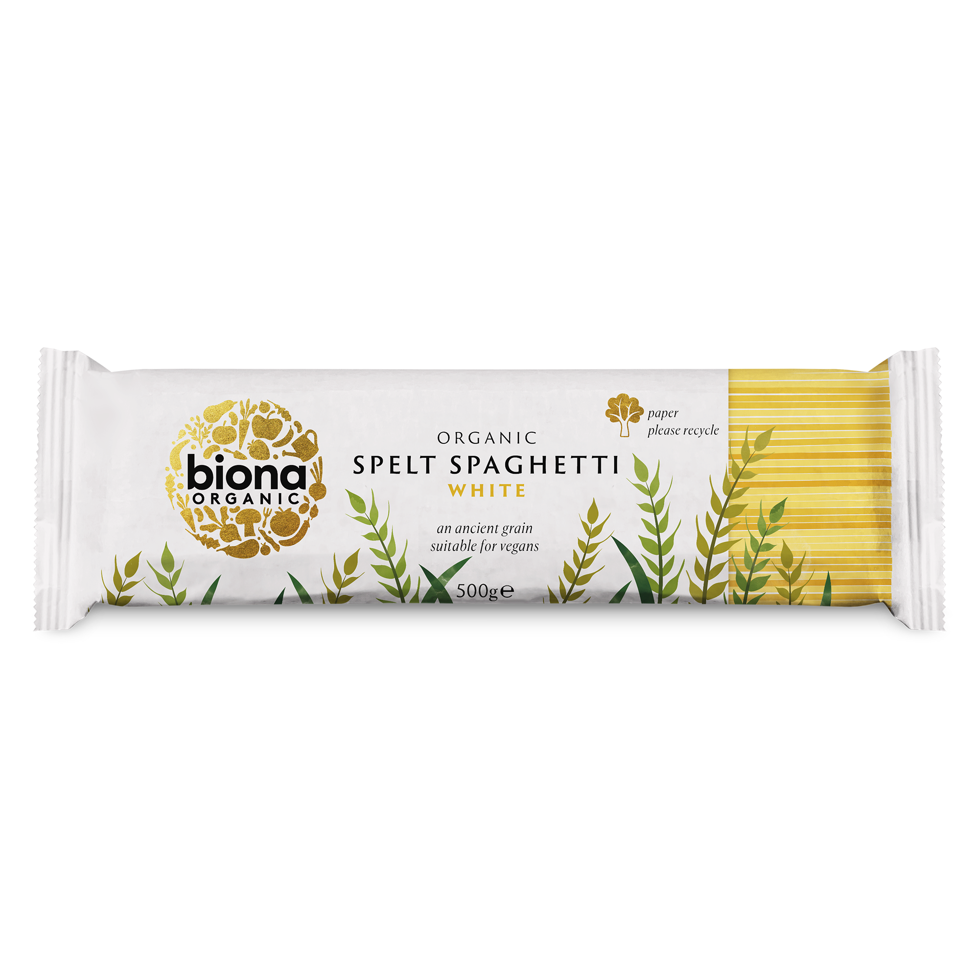 Biona Organic Spelt Spaghetti 500g 
packaging on a white background