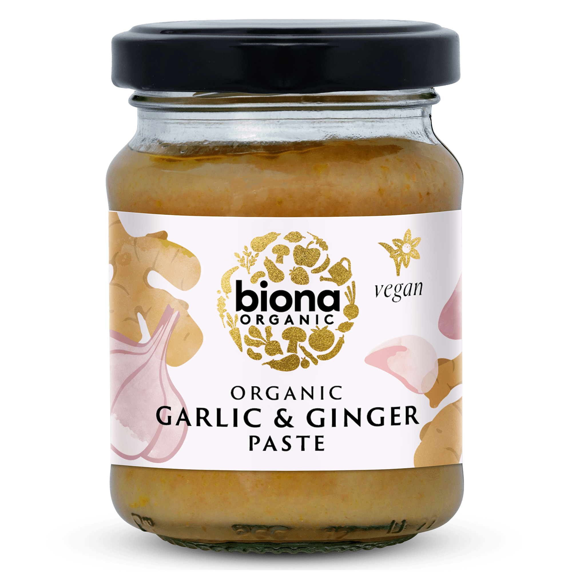 A jar of Biona Organic Garlic & Ginger Paste with a black lid on a plain background.