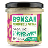 Jar of Bonsan cashew chive cheese-free spread with a colorful label.