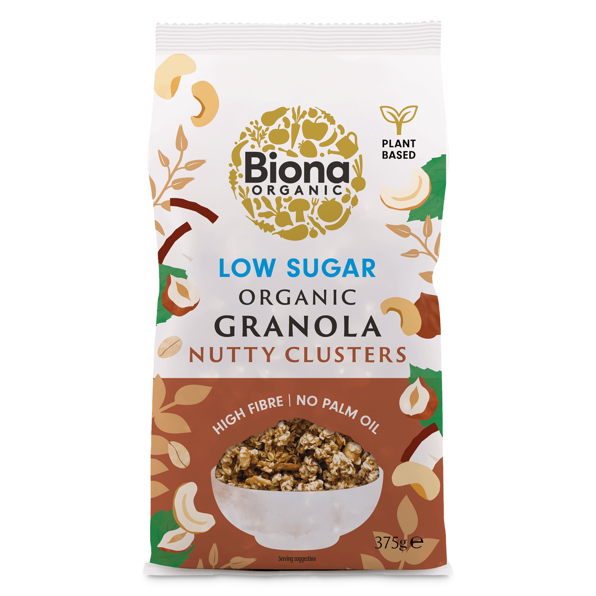 Biona Organic Low Sugar Granola Nutty Clusters 375g packaging on a white background