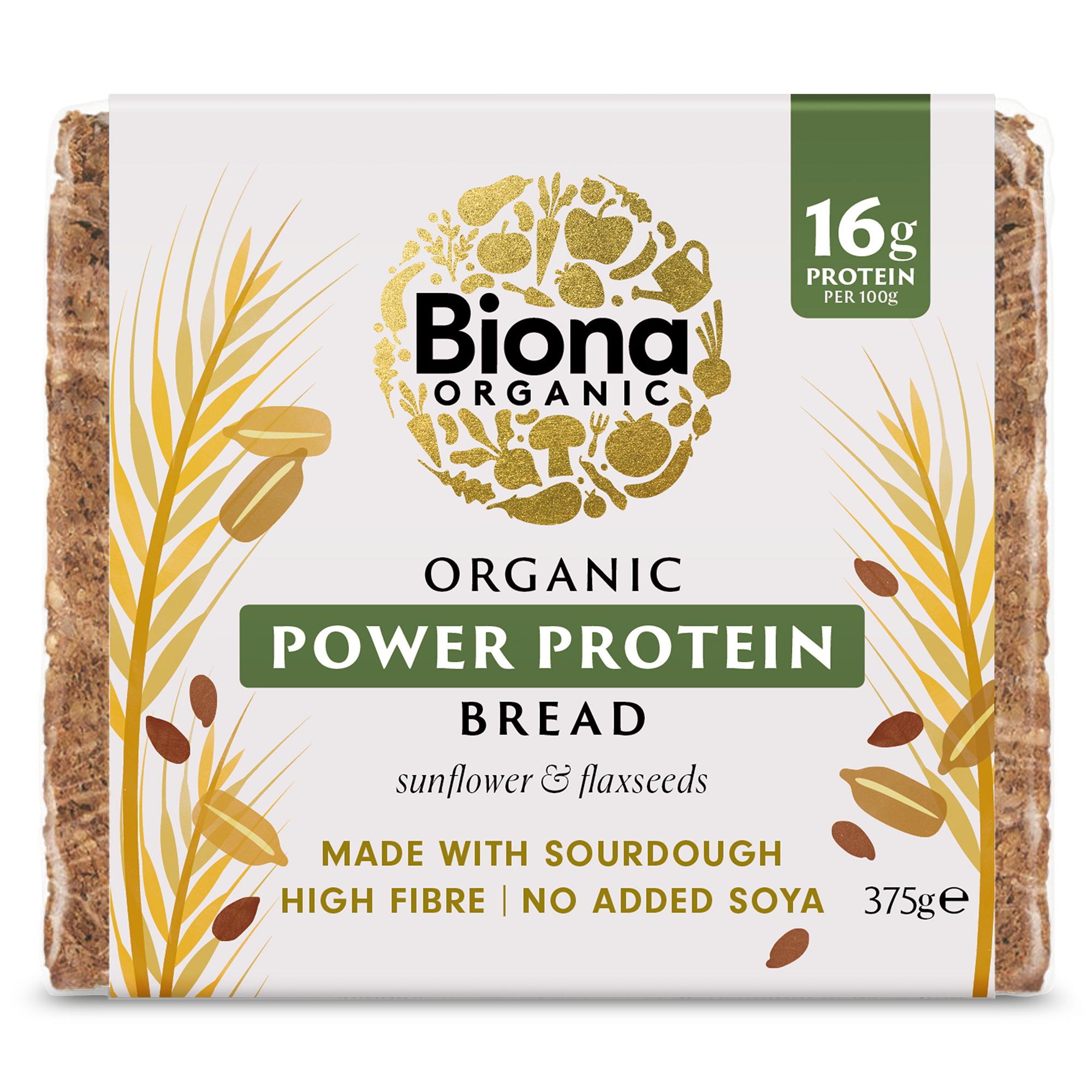 A package of Biona Organic Power Protein Bread 375g with sunflower and flaxseeds, highlighting 16g of protein per 100g, high fiber, and no added soy.