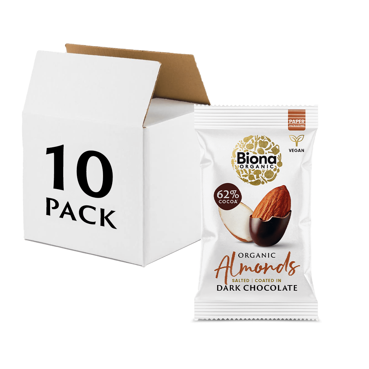 Biona Organic chocolate-coated salted almonds 62% cocoa packaging with a 10-pack box on a white background