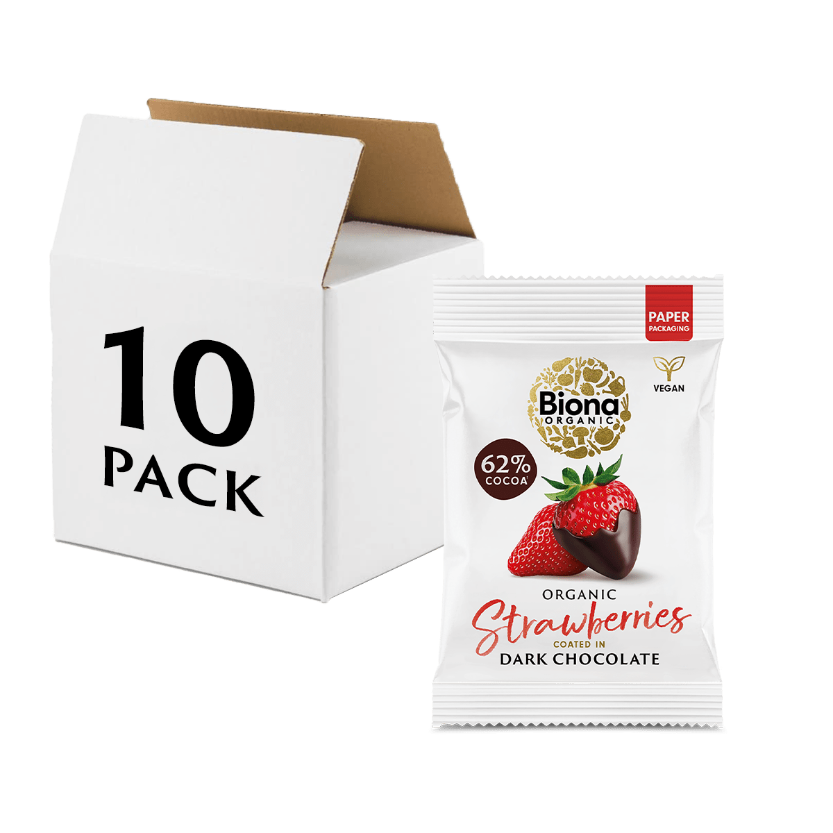 Biona Organic strawberries in 62% dark chocolate packaging with a 10-pack box on a white background