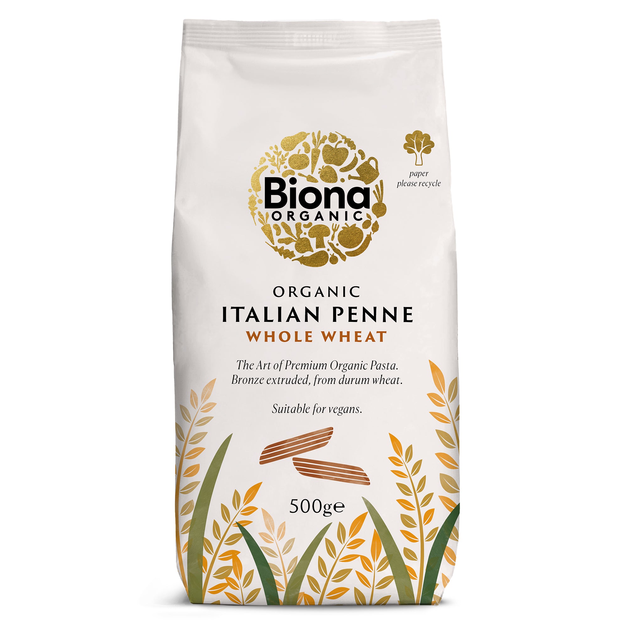 A package of Biona Organic Italian Penne Whole Wheat pasta. The packaging is white with an image of wheat and text detailing the product type and weight (500g).